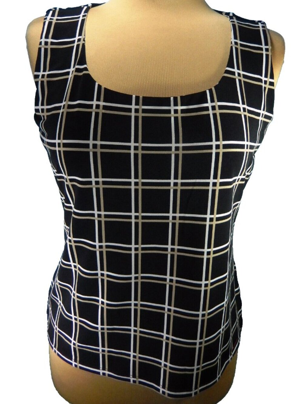 Calvin Klein Taupe & White on Black Scoop Neck Sleeveless Career Top Size Lg EUC